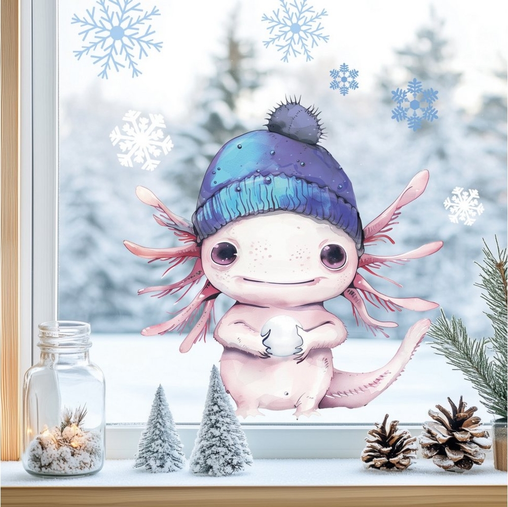 Sunnywall Fensterdekoration Kinderzimmer Fensterbild Winter Axolotl mit blauer Mütze, wiederverwendbar, statisch haftend, beidseitiger Druck, nachhaltig Bild 1