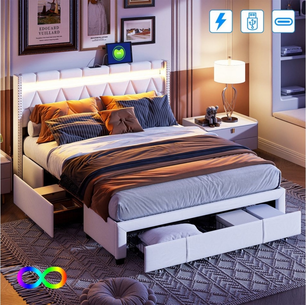 PXloue Polsterbett LED Doppelbett (Geeignet für Jugendliche und Kinder), Stauraumbett,mit LED-Beleuchtung und USB/Type-C Anschlüssen,160x200cm Bild 1