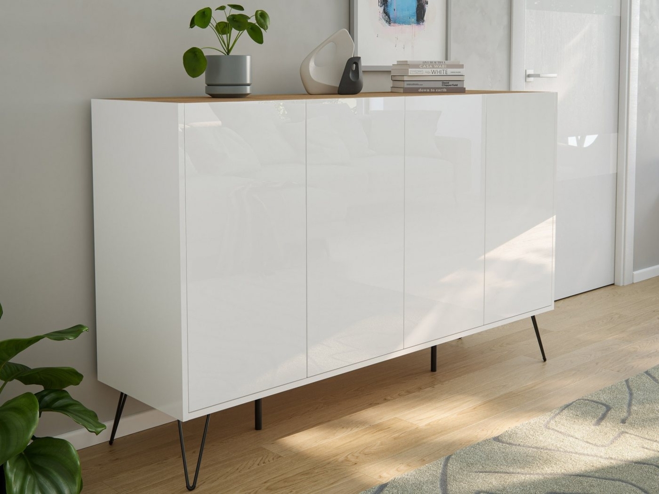 Magnolia Home Sideboard Design Sideboard Kommode Rana 155cm 4 Softclose Türen Weiß/Eiche Top Bild 1