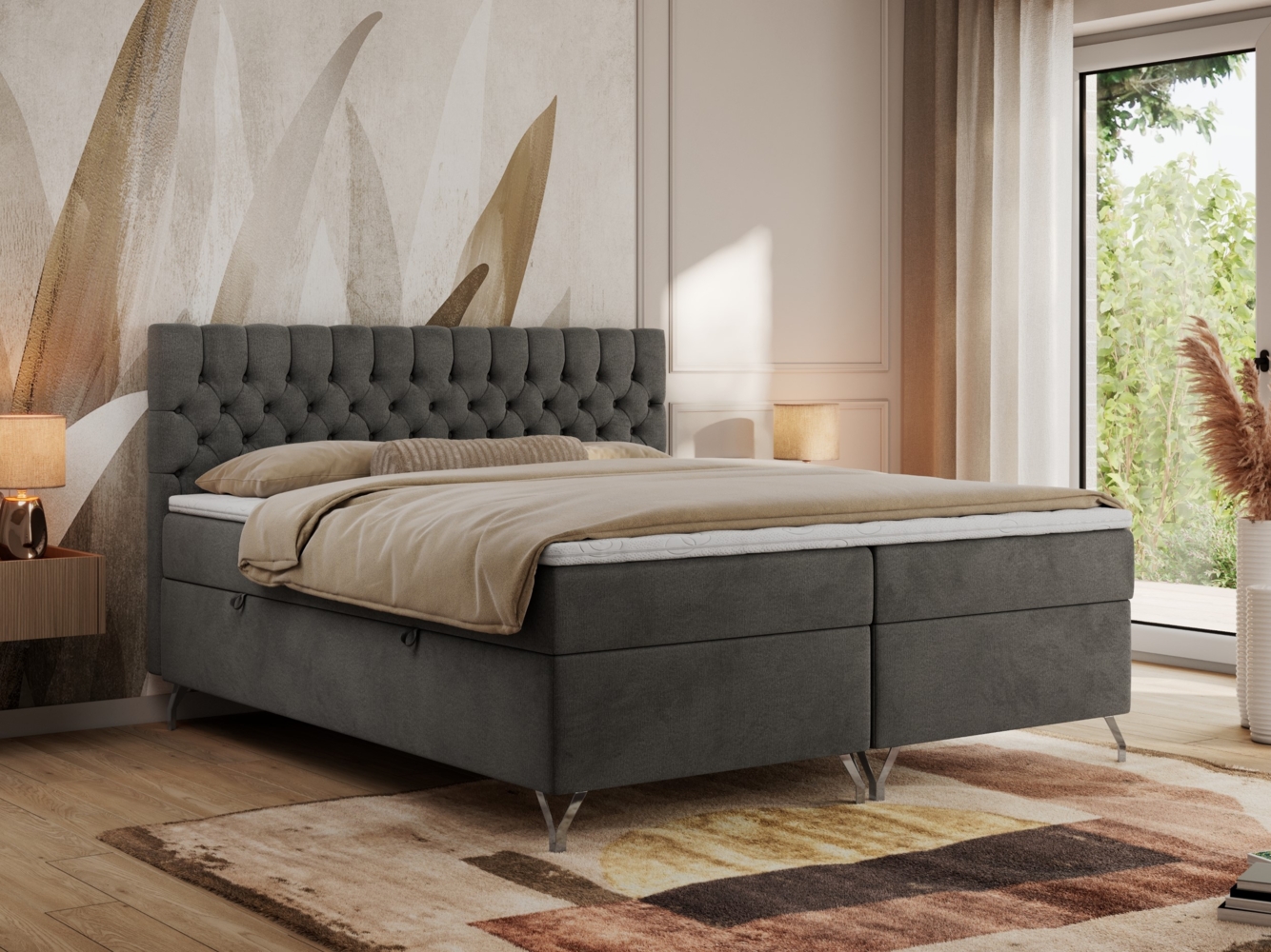 Boxspringbett mit Kopfteil und Topper, Polsterbett - GRIMALDI - 140 x 200 cm - Dunkelgrau Velvet - H4 Bild 1