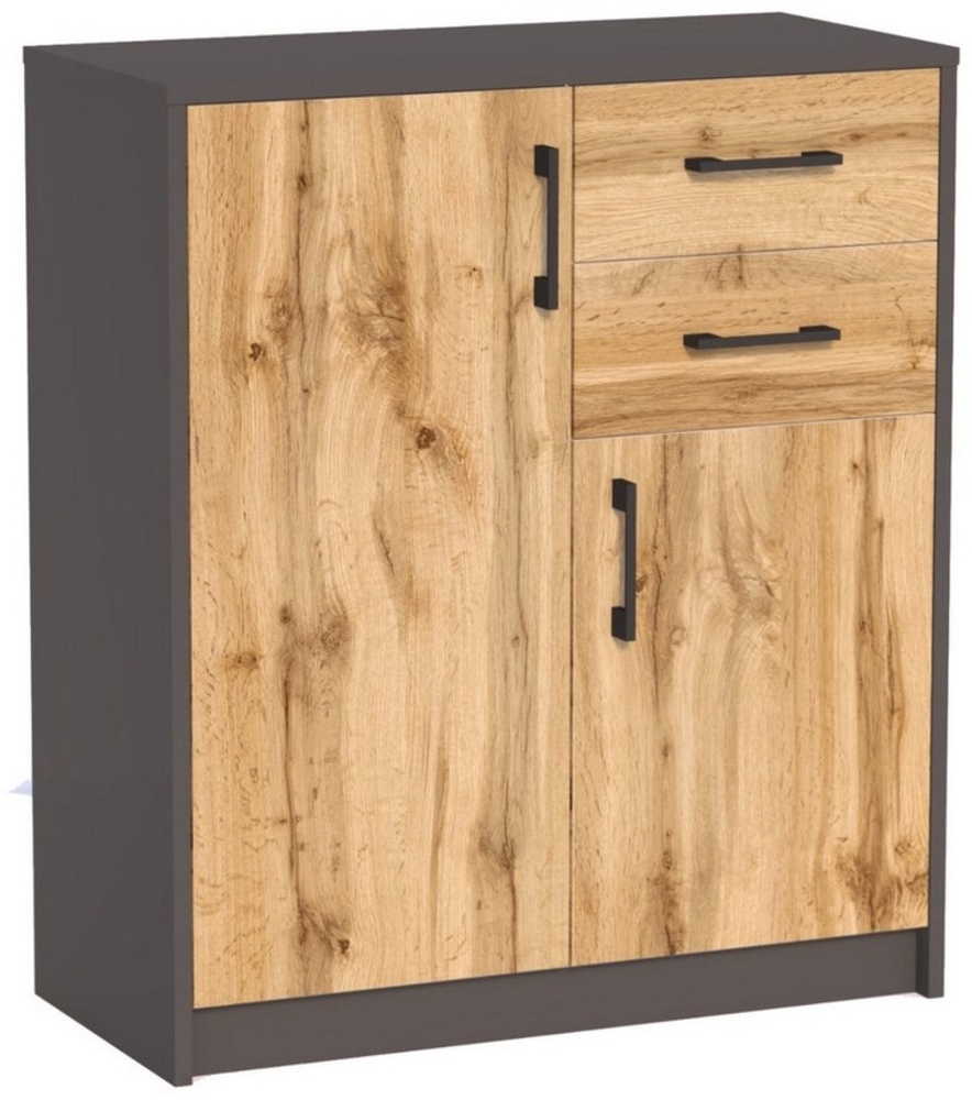 Home Collective Kommode mit 2 Schubladen und 2 Türen in matter Ausführung, Kommode 74cm breit (Hergestellt aus laminiertem Holz, Metallrollen mit Auszugssperre), Holz Schrank Sideboard Highboard Kommode mit Schubladen Graphit-Eiche Bild 1