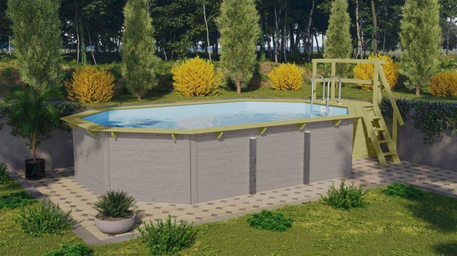 Achteck-Pool X4 400x611 cm, Holz wassergrau mit Terrasse/Folie blau, Karibu Bild 1