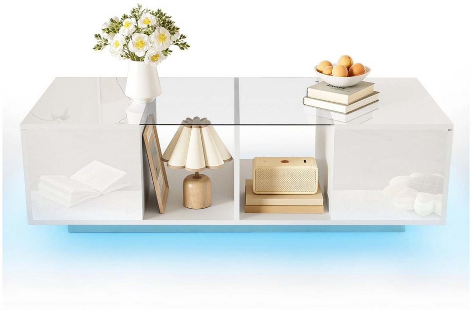 OKWISH Couchtisch mit Glasplatte (Satztisch, Wohnzimmertisch Beistelltisch, 1-St, mit LED-Beleuchtung, 2 offene Fächer, 2 Türen), Hochglanz-Tischplatte, Mattoberflächen und Glasplatte Bild 1