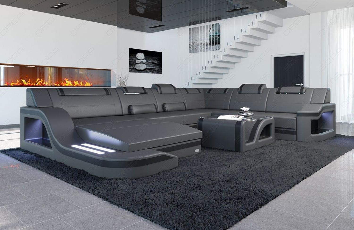 Sofa Dreams Wohnlandschaft XXL Ledersofa Palermo U Form Mini, Designersofa, Couch mit LED Licht und USB Anschluss Bild 1