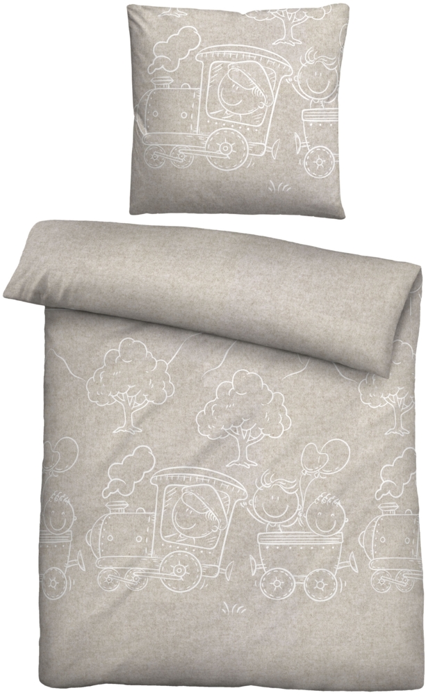 biberna Melange-Flanell Bettwäsche 0840521 LOKOMOTIVE, kitt, 1x 135x200 cm + 1x 80x80 cm Bild 1