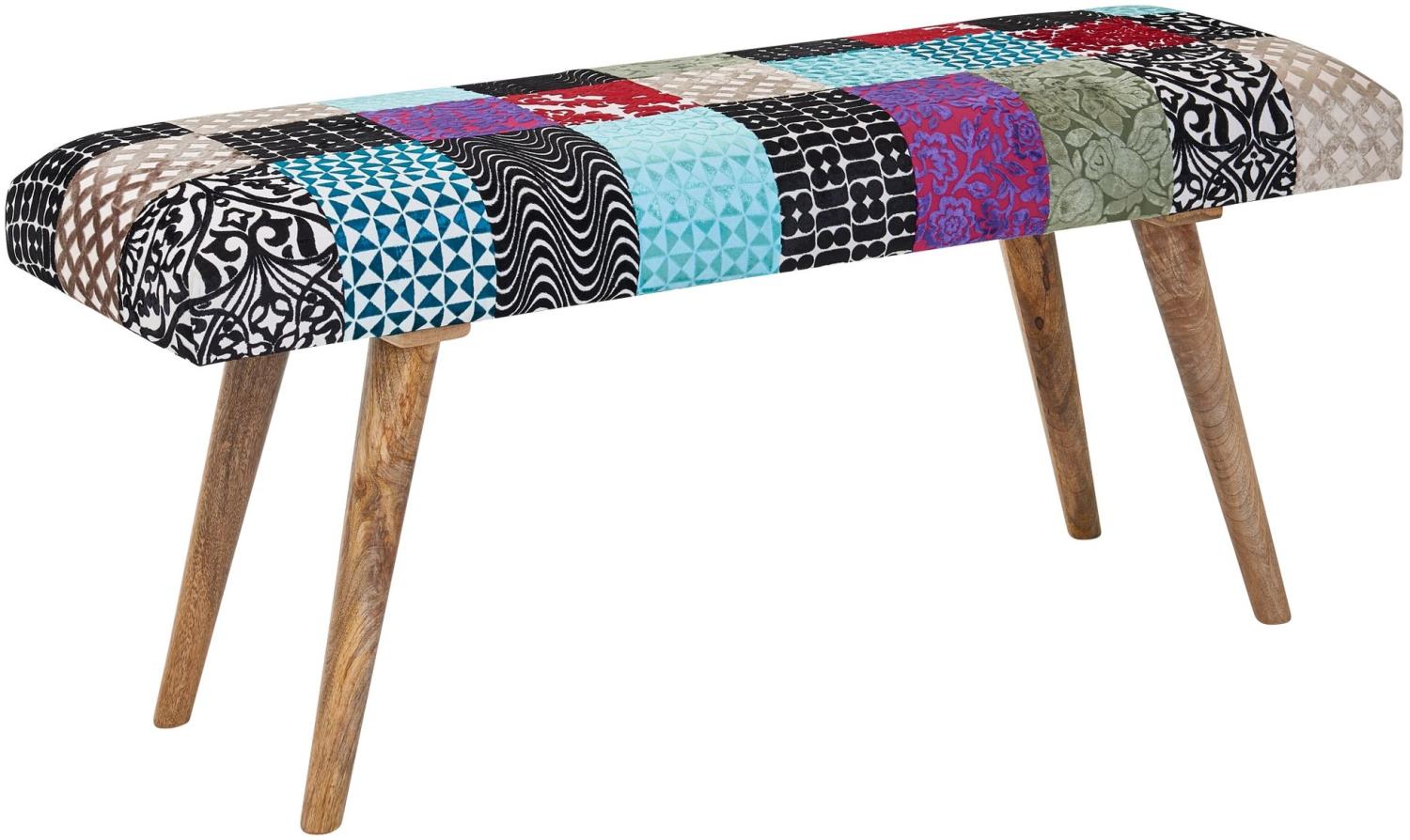 Kadima Design Sitzbank Samt/Massivholz, Patchwork-Design, 160 kg Belastbarkeit, Mangoholz Beine. 117x38x51 cm Bild 1