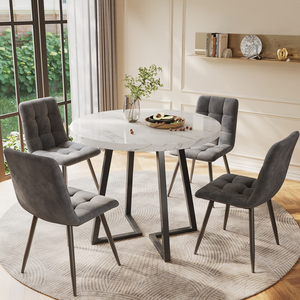 Merax Esstisch-Set (5-teilig), modernes Esstisch-Set (mit 4 Stühlen), Küchen-Esstisch-Set, runder Küchentisch mit 80 cm Durchmesser und schwarzen Metallbeinen, weiße MDF-Platte, dunkelgraue Samtstühle Bild 1