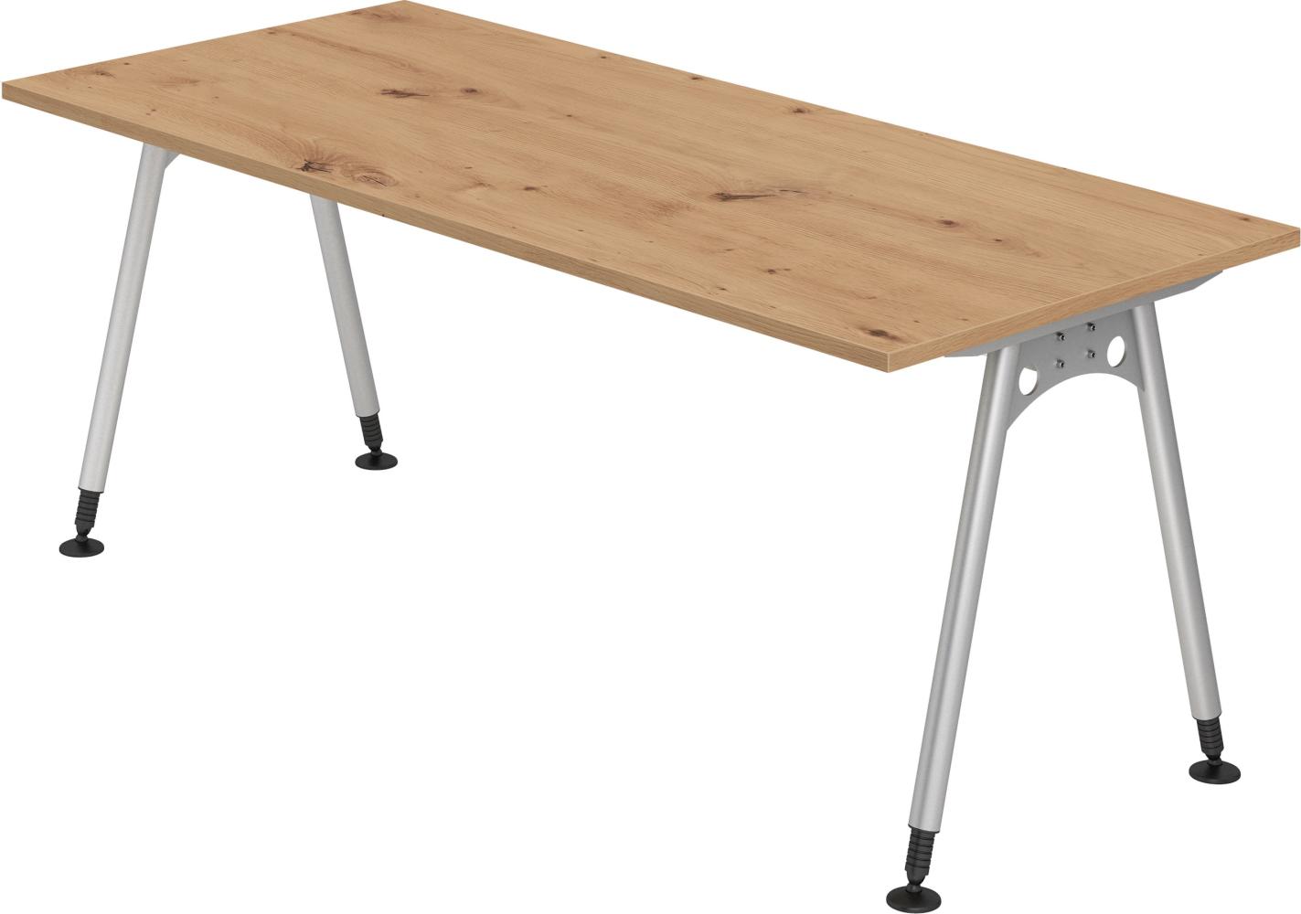 bümö® Schreibtisch A-Serie höhenverstellbar, Tischplatte 180 x 80 cm in Asteiche, Gestell in silber Bild 1