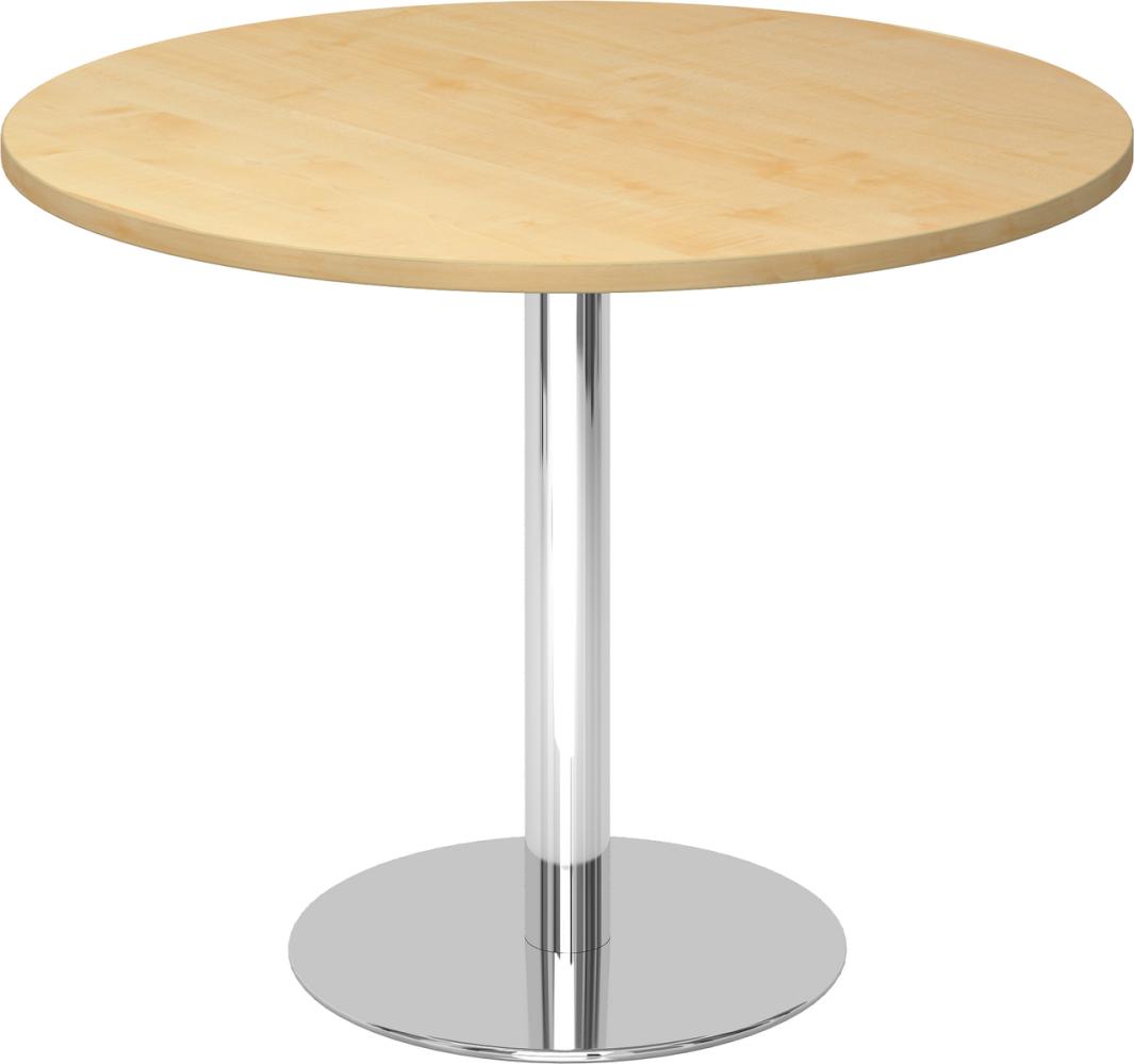 bümö Besprechungstisch, Esstisch klein, Tisch rund 100 cm - kleiner Esstisch Ahorn, Rundtisch Esstisch 2 Personen mit Holz-Platte, Säule aus Metall verchromt, Konferenztisch, Bistrotisch, STF10-3-C Bild 1