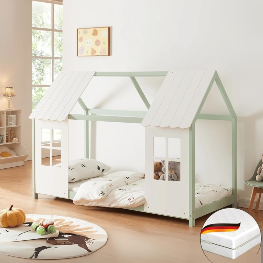 DELUKE® Kinderbett 90x200 GELO - mit Matratze Lattenrost Rausfallschutz Haus-OptikEinzelbett aus Holz Hausbett Kinderzimmer Montessori Bett Mintgrün Bild 1