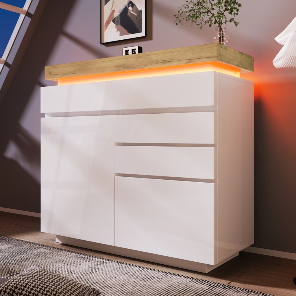 Merax Kommode, Hochglanz Sideboard mit 2 Türen und 3 Schubladen, LED Beleuchtung (App Control), Mehrzweckschrank für Wohnzimmer und Schlafzimmer, 115 x 110 x 39 cm, Weiß Bild 1