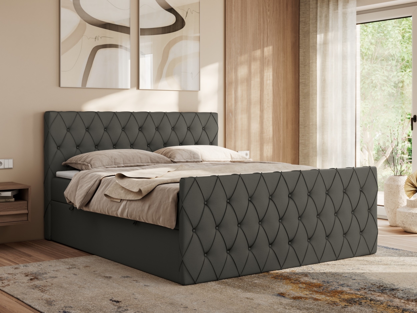 Boxspringbett mit gesteppter Front und Kopfteil, Multipocket-Matratze, zwei Bettkästen - MIREN DUO - 120 x 200 cm - Grau Kunstleder - H4 Bild 1