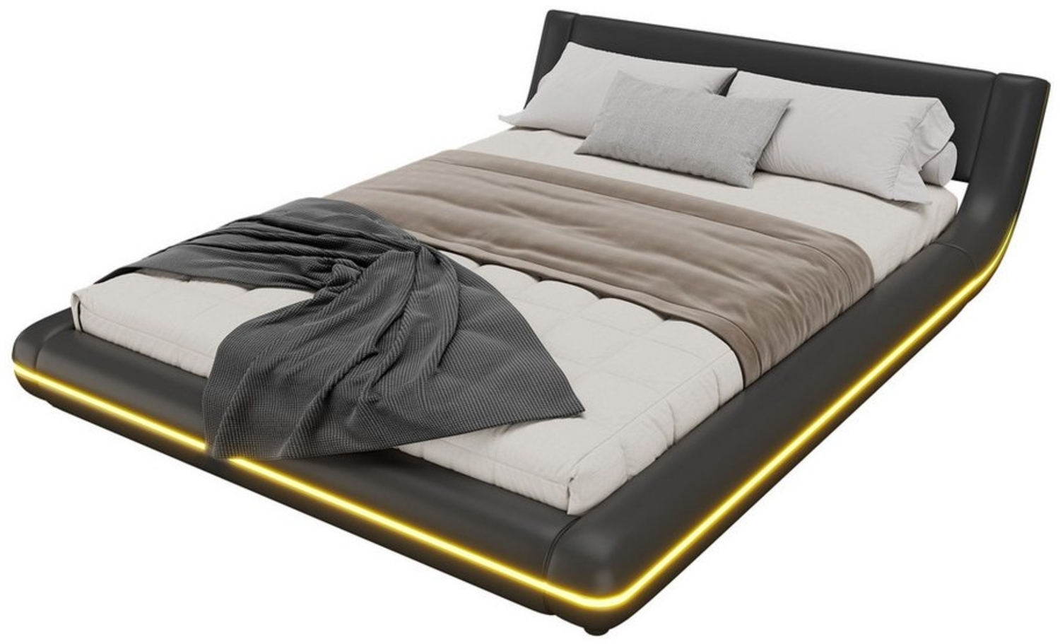 HAUSS SPLOE Polsterbett 140 x 200cm Flachbett, Bodenbett mit LED-Umgebungslicht, PU Schwrz (mit PU-Bezug und LED-Umgebungslicht), ohne Matratze Bild 1