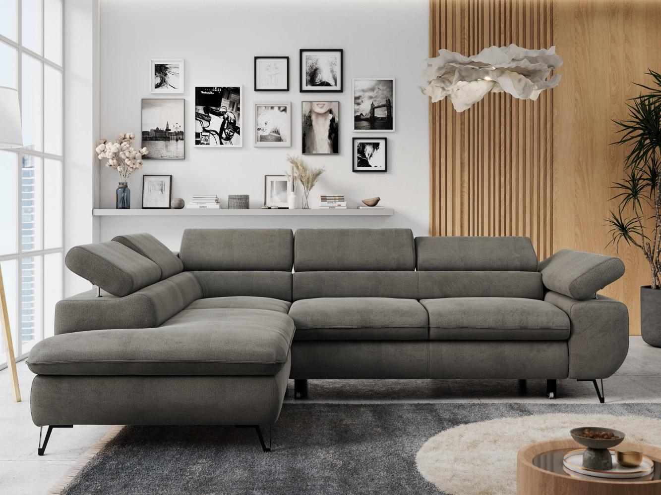 Ecksofa mit Bettfunktion, Modern Sofa, L-form, Einstellbare Kopfstützen, Bettkasten, PETER, 1x Ecksofa, Dunkelgrau, Velours, links Bild 1