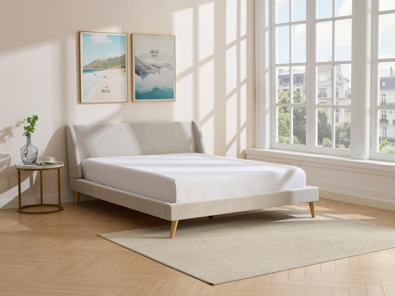 Vente-unique - Bett - Skandinavischer Stil - 160 x 200 cm - Stoff - Beige - BENEDICTE Bild 1