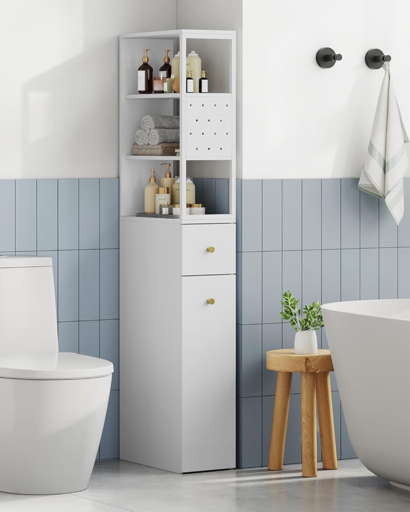 Badezimmschrank hoch, Nischenschrank, Badschrank schmal, mit Schublade auf Rollen, 3 offenen Regalebrett-Ebenen, Hochschrank, Seitenschrank, 40 x 20 x 140 cm, Weiß Bild 1