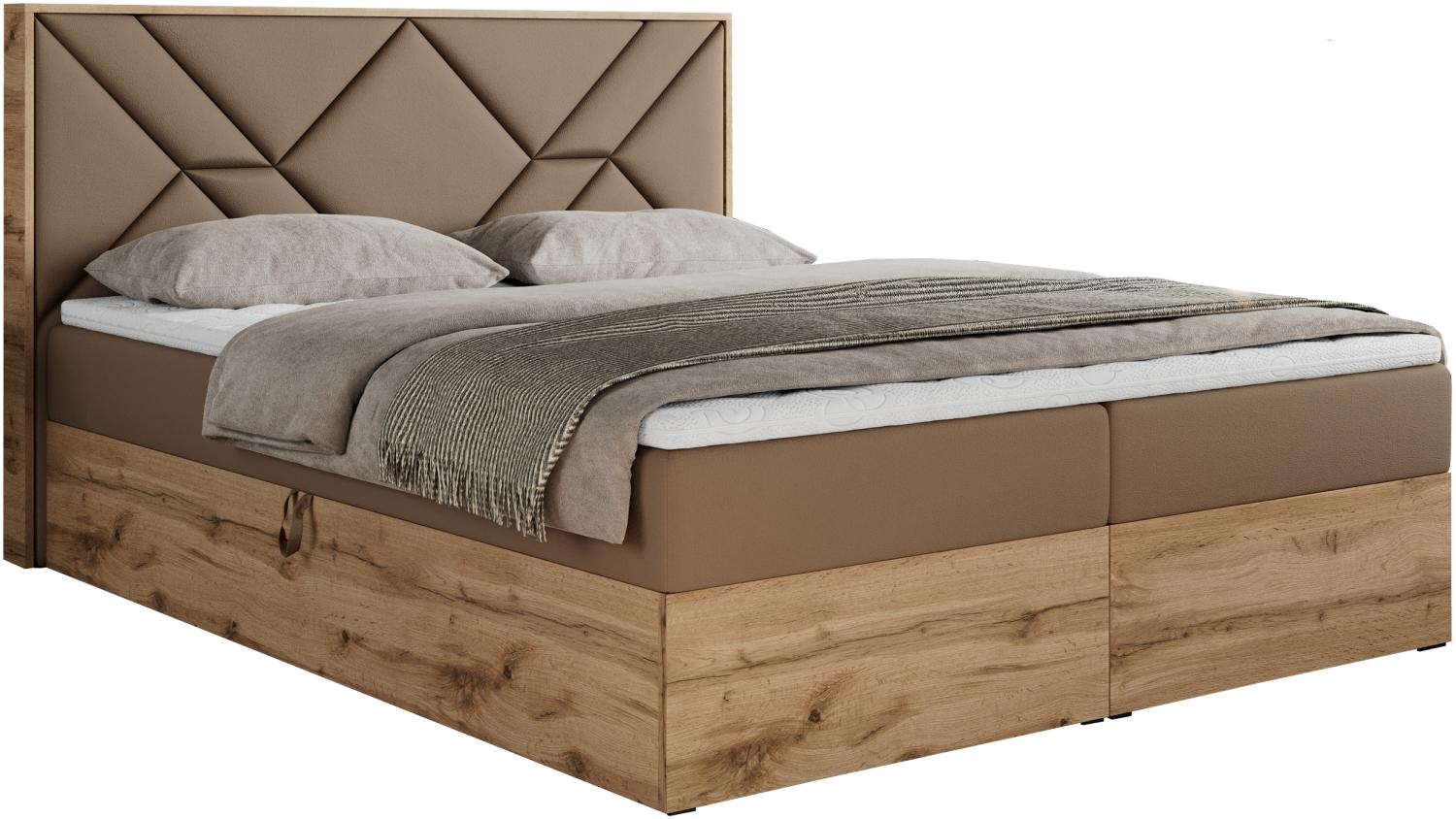 Boxspringbett mit Kopfteil und Topper, Polsterbett - GUNAR - 160 x 200 cm - Braun Kunstleder - H4 - Topper Visco Bild 1