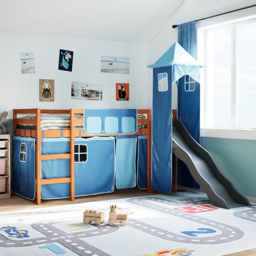 vidaXL Kinderhochbett mit Turm Blau 80x200 cm Massivholz Kiefer 3309126 Bild 1