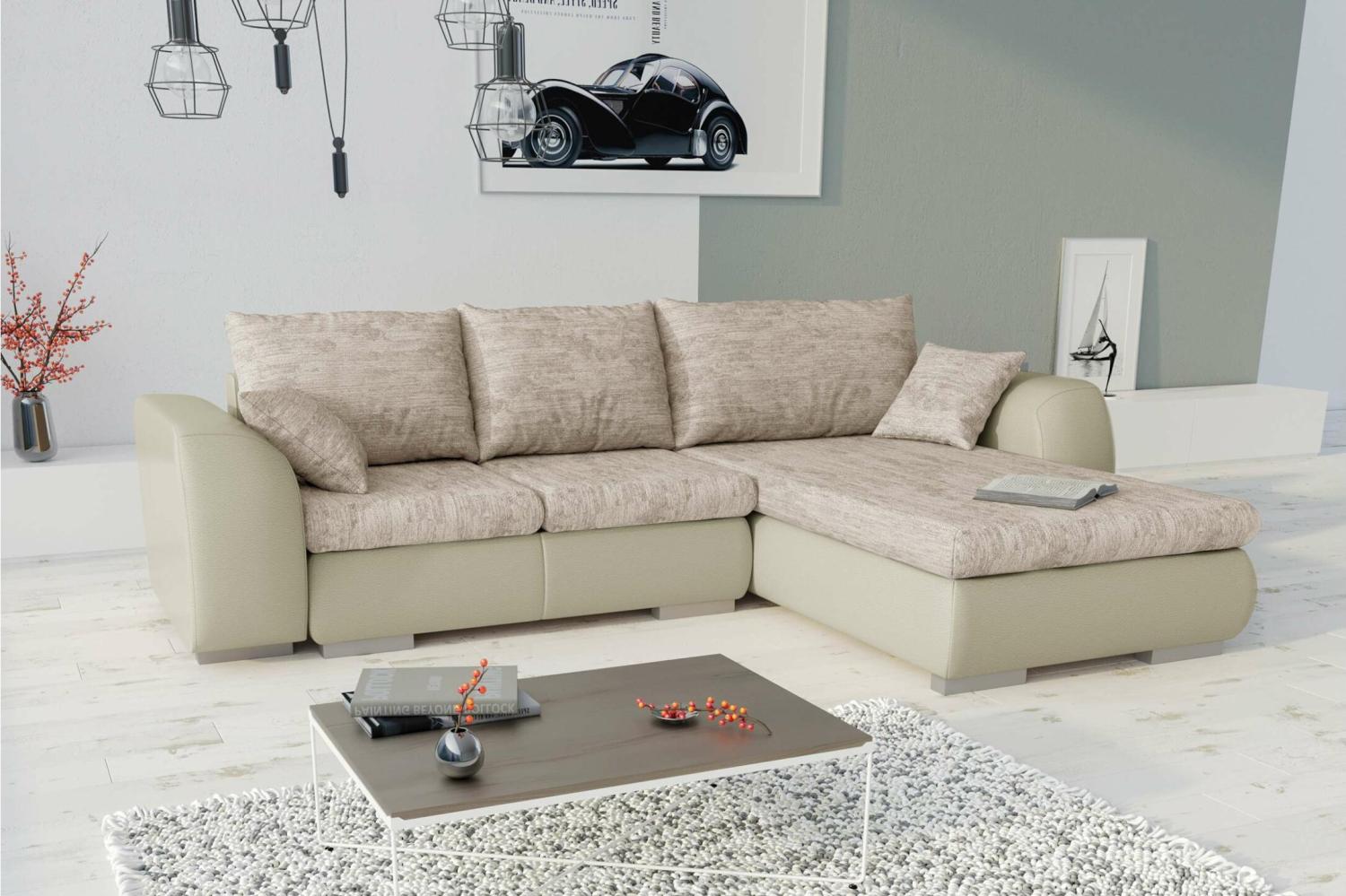 Stylefy Salturo Ecksofa Strukturstoff BERLIN Kunstleder MADRYT Hellbraun Beige Rechts Bild 1