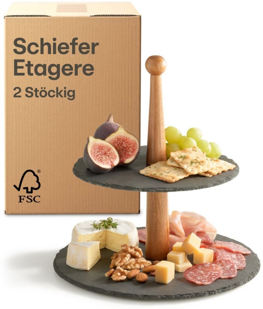 Praknu Servierplatte Praknu Schiefer Etagere 2 Stöckig mit ® Akazienholz, FSC® N004317, Schiefer, Holz, (Set, 1-tlg), Deko Bild 1