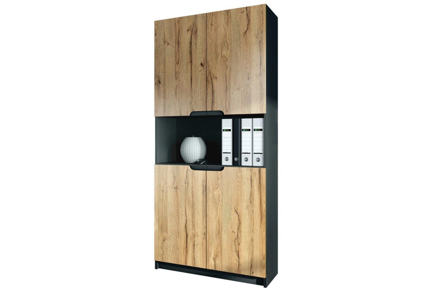 Vladon Büroschrank Logan V2, Aktenschrank mit 5 Fächern und 4 Türen, Schwarz matt/Eiche Natur (82 x 184 x 37 cm) Bild 1