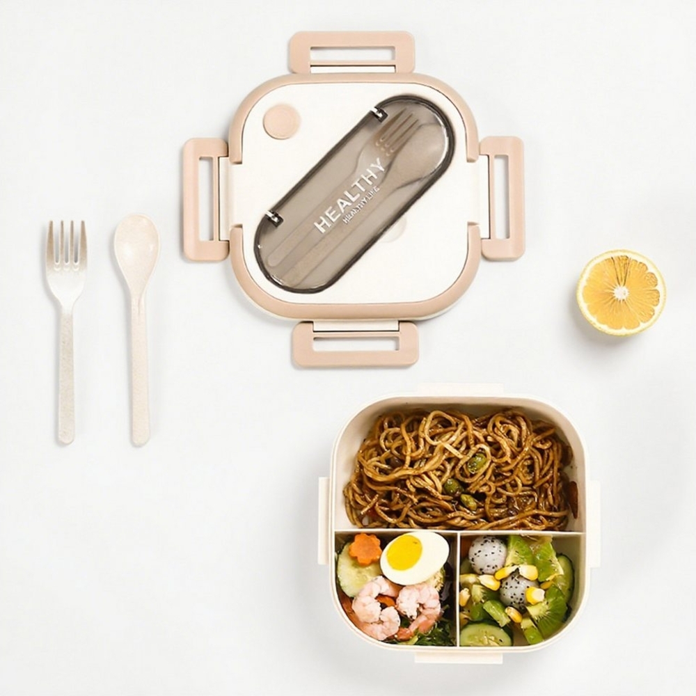 HT Lunchbox Lunch-Behälter (3 Fächer), Auslaufsicher & BPA-frei-mit Besteck, für Kinder und Erwachsene Brotdose mit Fächern Bild 1