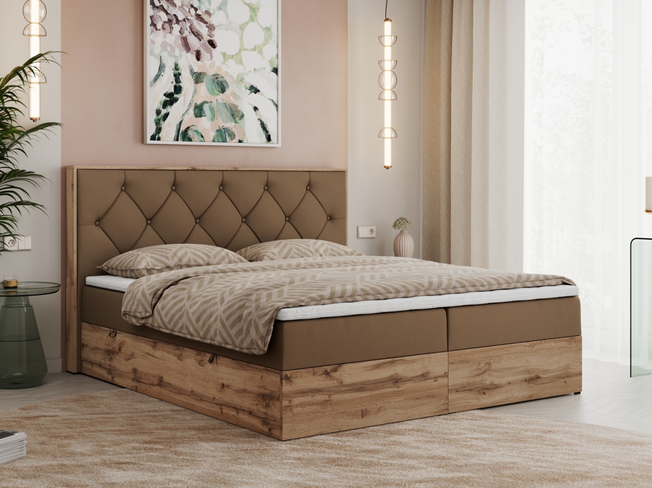 Boxspringbett, Schlafzimmerbett, Bettkasten - VENETO -200 x 200 cm - Braun Kunstleder - H3 Bild 1