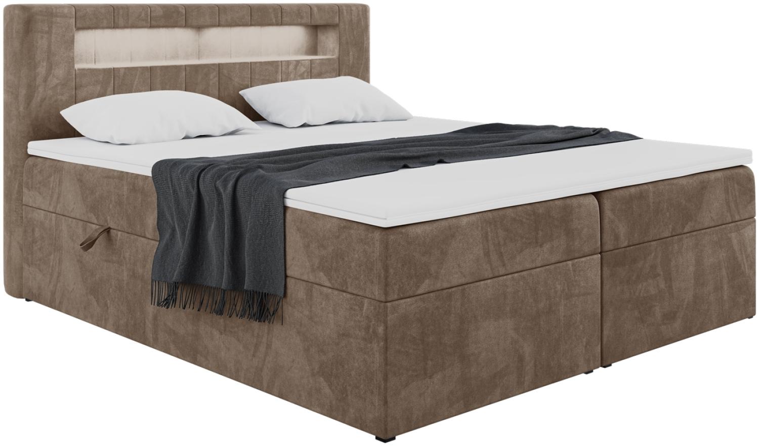 MEBLINI Boxspringbett ASPIN 140x200 cm mit Bettkasten und LED - H3/Braun Samt Polsterbett - Doppelbett mit Topper & Taschenfederkern-Matratze Bild 1