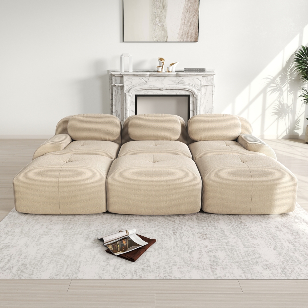 3-Sitzer-Sofa, Modulares mit 3 Hockern aus Cordstoff montagefreie Lieferung haustierfreundlich ultra-breite Armlehnen 32D hochelastische Polsterung für Wohnzimmer und Heimkino, Cordstoff, Beige Bild 1
