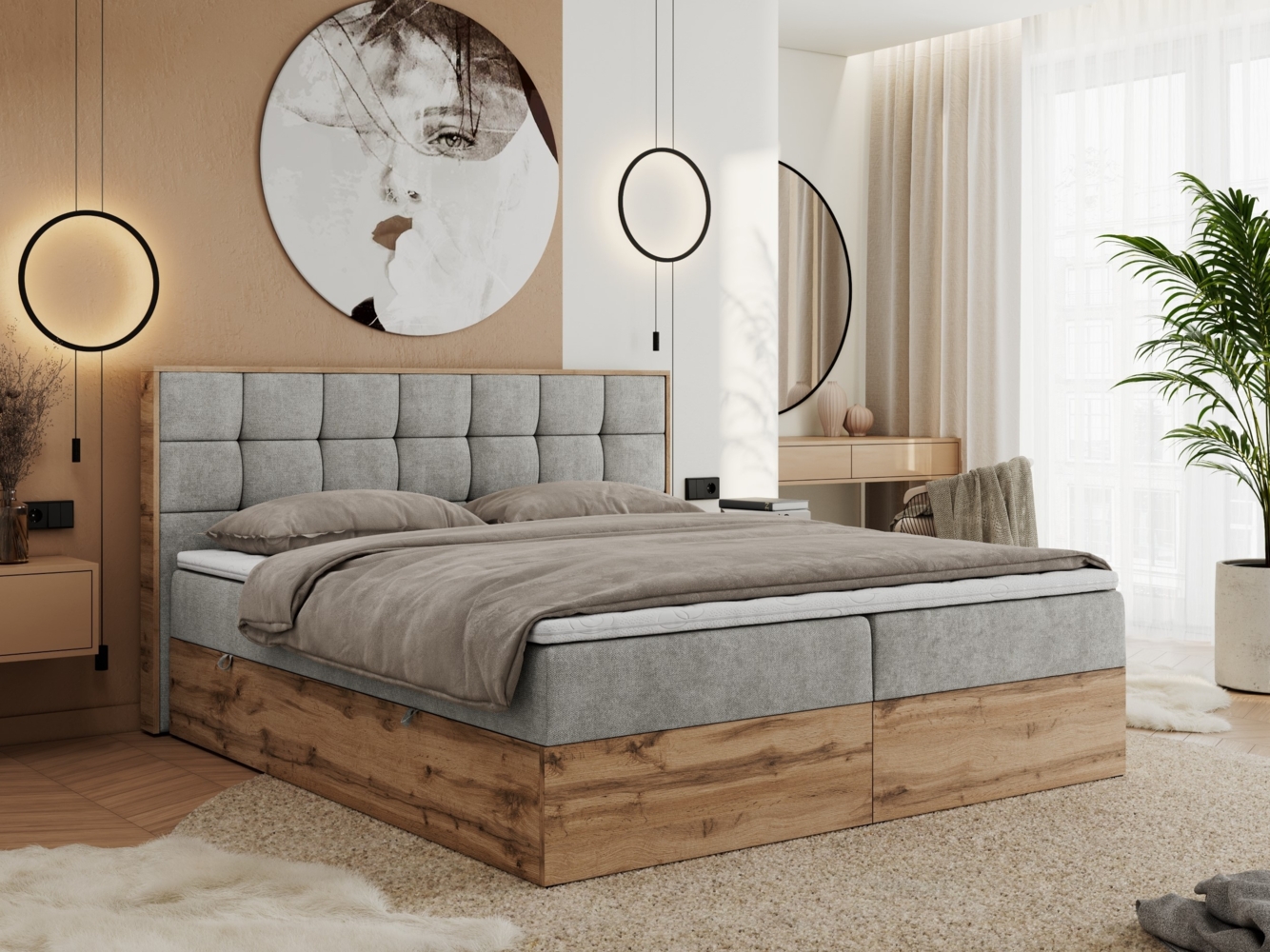 Boxspringbett mit Kopfteil und Topper, Polsterbett - ALBERO 1 - 160 x 200 cm - Hellgrau Stoff - H4 Bild 1