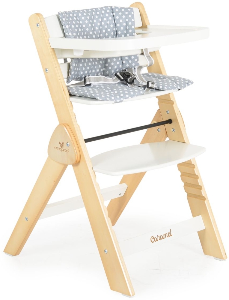 Cangarro Kinderhochstuhl Caramel Holz, Kissen, klappbar, Fußstütze, 3-Punkt-Gurt weiß Bild 1
