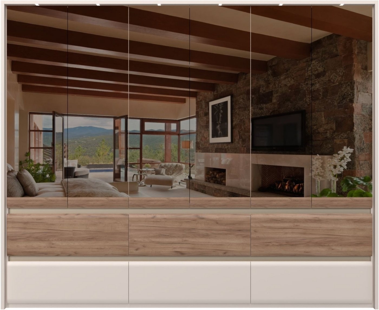 Places of Style Kleiderschrank Invictus, UV lackiert, FSC-zertifiziert, grifflose Optik (abgerundete Schubladen aus MDF im Holzdekor, soft-close) mit Beleuchtung, Türen komplett verspiegelt, hoher Schrank (226cm) Bild 1