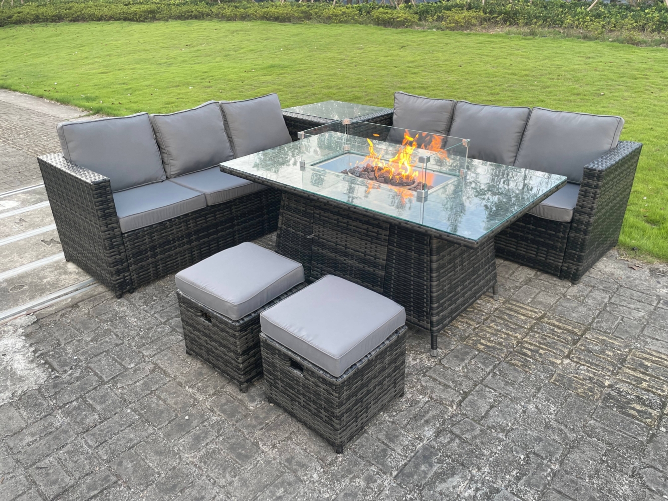 Fimous 8 Sitzer Lounge Rattan Gartenmöbel Set Gas Feuerstelle Esstisch Outdoor Feuertisch Sets Dunkelgrauer Hocker Bild 1