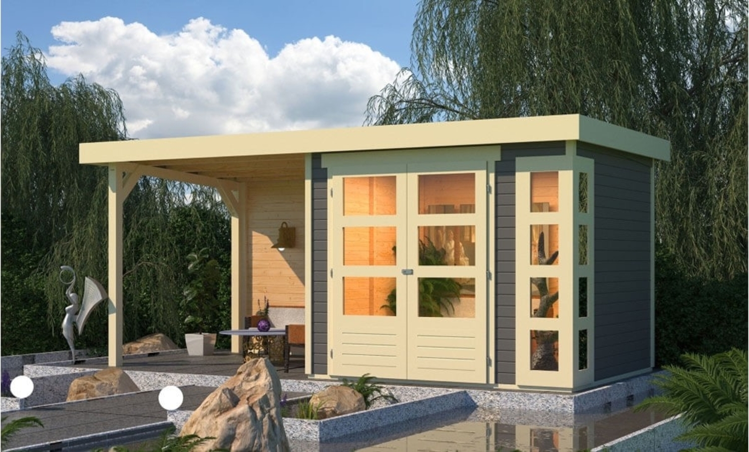 Karibu Woodfeeling Gartenhaus Kerko mit Anbaudach Gartenhaus aus Holz in Grau Holzhaus mit 19 mm Wandstärke inklusive Schleppdach Blockbohlenhaus mit Montagematerial Bild 1