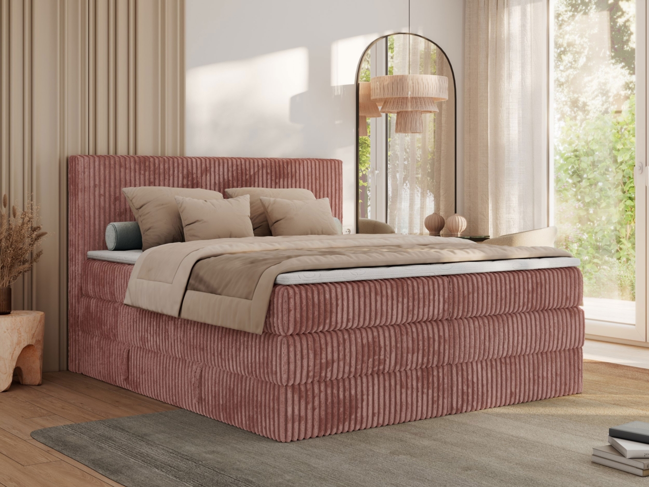 Boxspringbett, Doppelbett mit zwei Bettkästen und Multipocket-Matratze, Cord Bett - TILIANO KING - 140 x 200 cm - Rosa Cord - H3 Bild 1