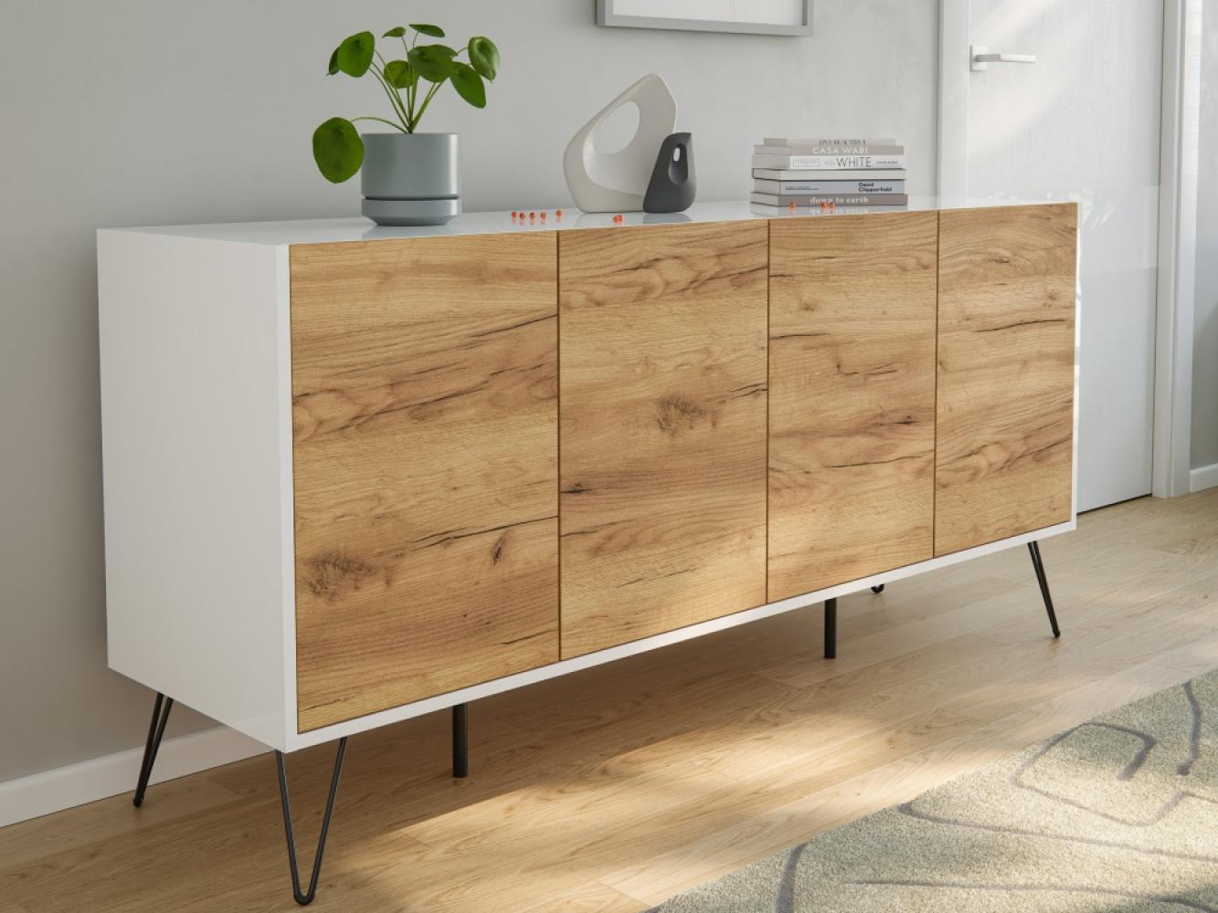 Raumwunder XL Sideboard Kommode Maxim 155cm stehend 4 Türen Weiß/Eiche Front : Oak Gold / Weiss hochglanz Bild 1