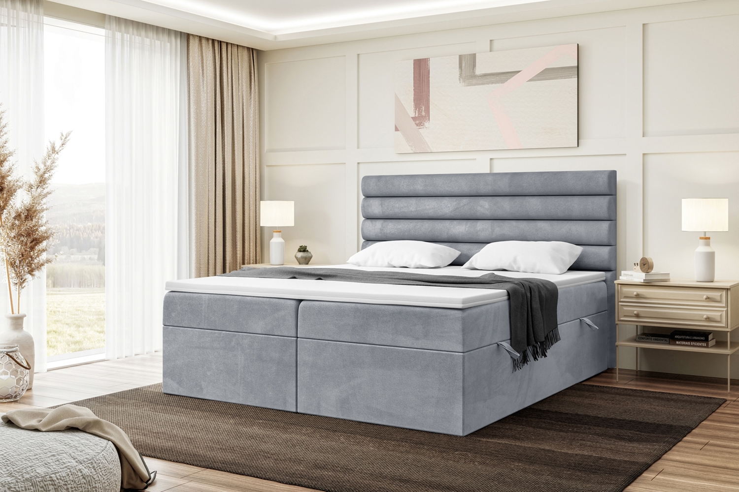 MEBLINI Boxspringbett KARIM 200x220 cm mit Bettkasten - H3/Grau Samt Polsterbett - Doppelbett mit Topper & Taschenfederkern-Matratze Bild 1