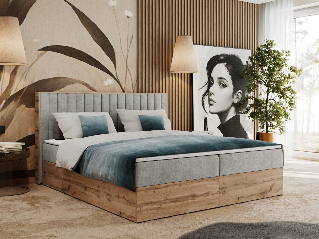 Boxspringbett mit dekorativem Kopfteil und zwei Bettkästen, Eiche Holzrahmen - ALBERO 4 - 120x200 cm - Hellgrau Stoff - H4 Bild 1