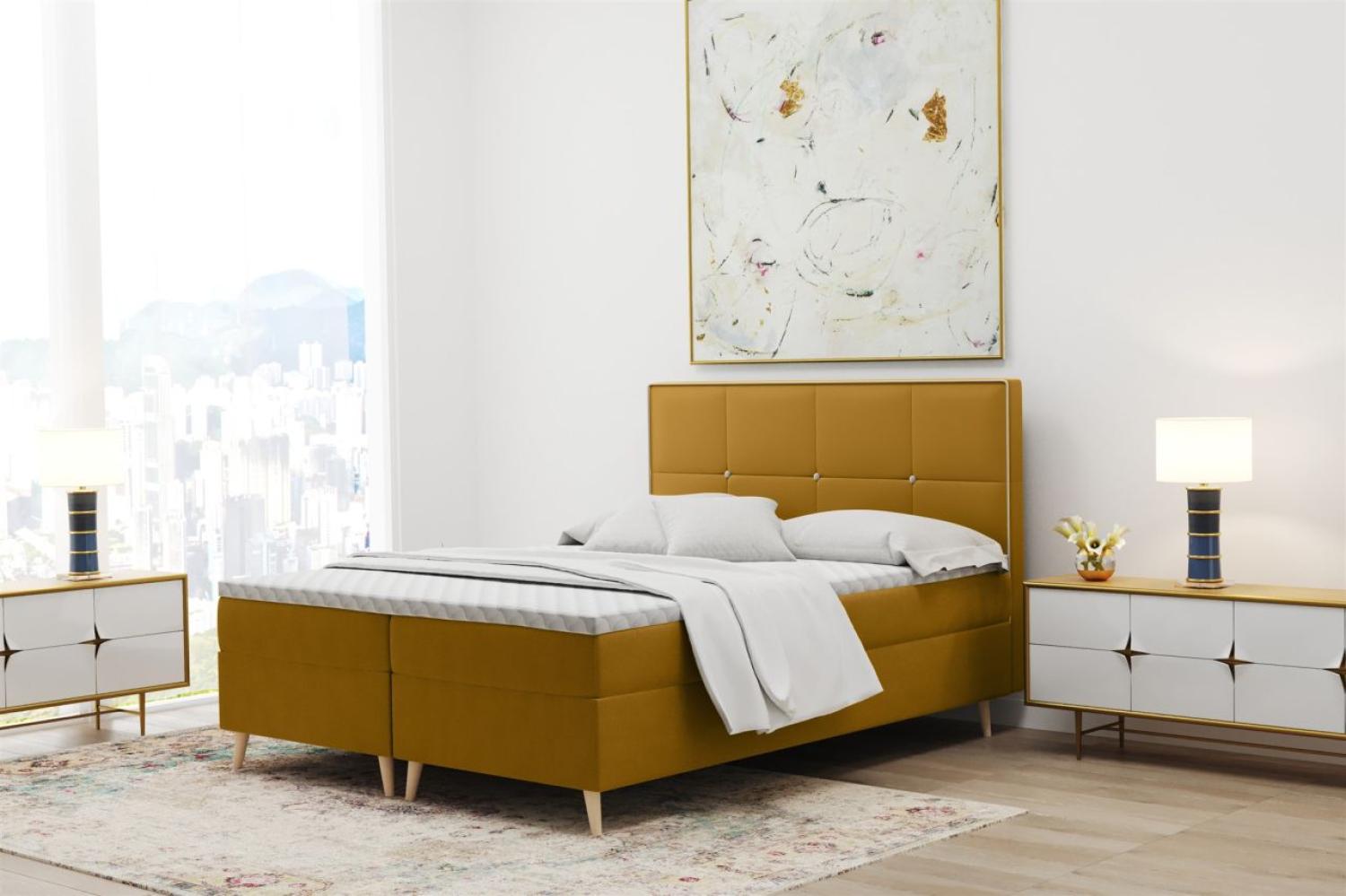 Boxspringbett Schlafzimmerbett RENAN 180x200cm in Stoff Riviera Goldgelb Bild 1