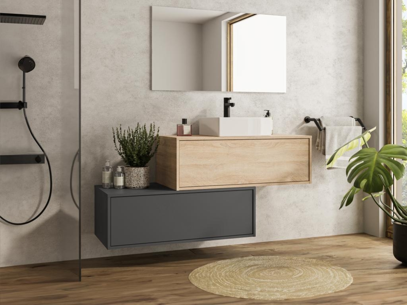 Vente-unique - Waschbeckenunterschrank hängend mit Einzelwaschbecken & zwei Schubladen - Naturfarben hell & Anthrazit - 94 cm - TEANA II Bild 1