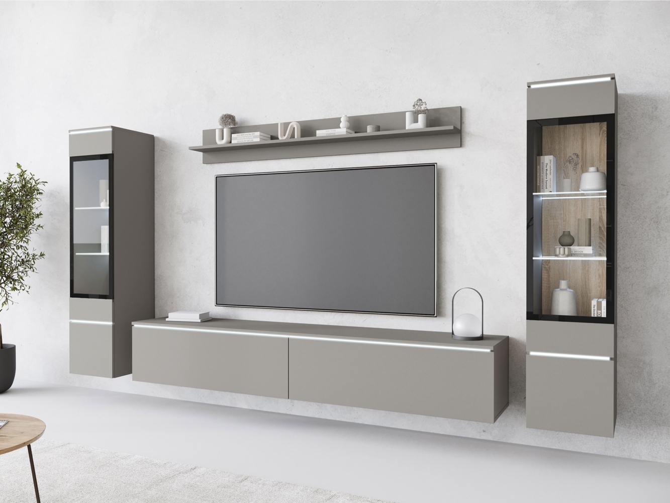 Wohnwand Doppo II, mit weißer LED Beleuchtung, Farbe: Cashmerebeige Bild 1