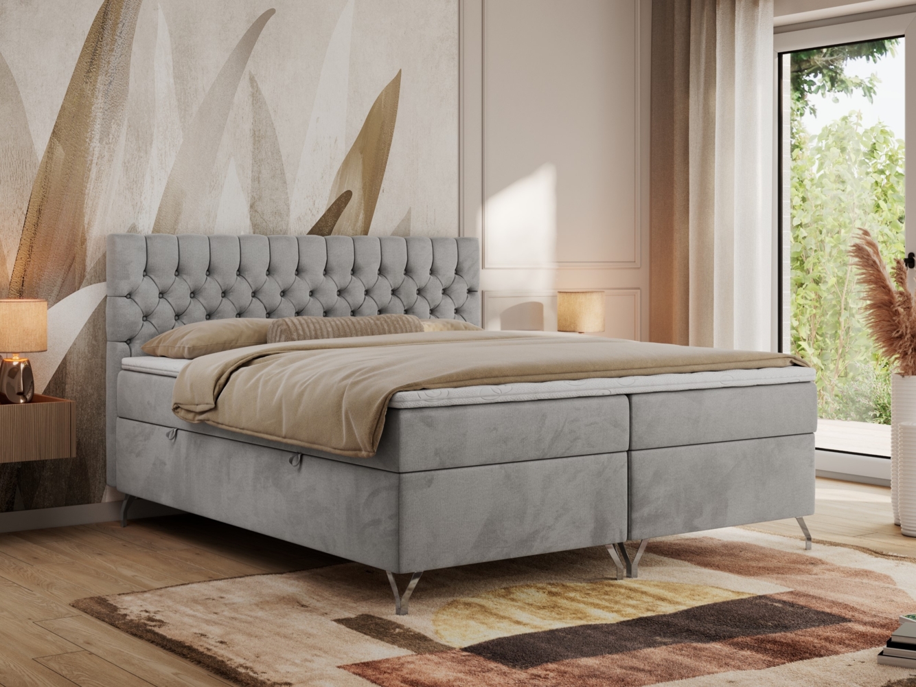 Boxspringbett mit Kopfteil und Topper, Polsterbett - GRIMALDI - 140 x 200 cm - Hellgrau Velvet - H4 Bild 1