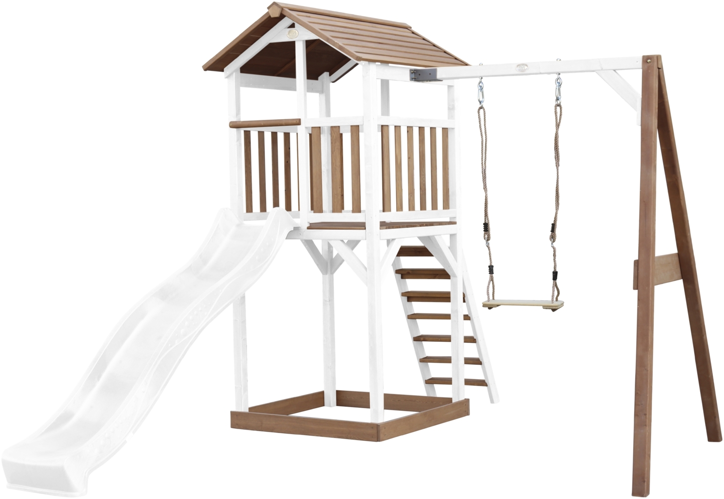 AXI Beach Tower Spielturm aus Holz in Braun & Weiß Spielhaus für Kinder mit weißer Rutsche, Schaukel und Sandkasten | Braun, weiß | Holz | 349 cm Bild 1