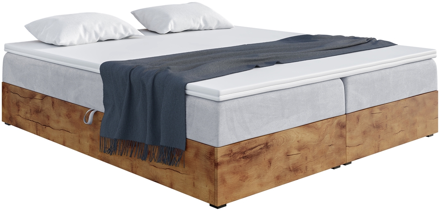 MEBLINI Boxspringbett LOFTY BOX 140x220 cm mit Bettkasten - H3/Hellgrau Samt Polsterbett - Doppelbett mit Topper & Taschenfederkern-Matratze Bild 1