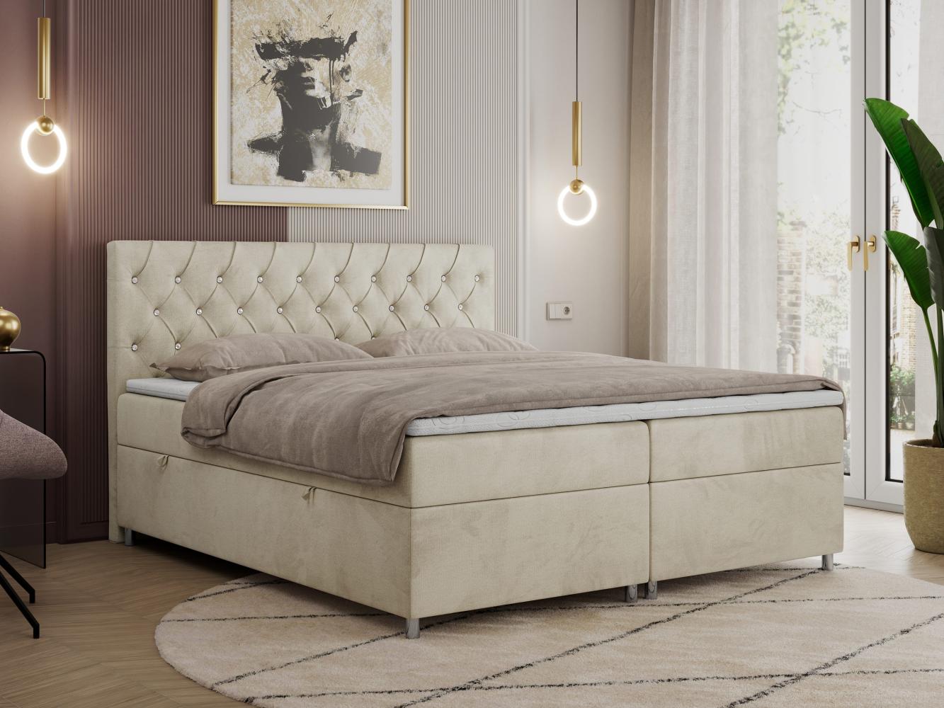 Boxspringbett Doppelbett Polsterbett Kunstlederbett mit Bettkasten - ROMA - 160x200cm - Beige Velours - H4 Bild 1