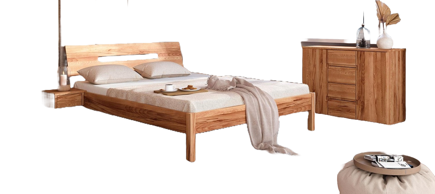 Bett Bento 7 aus Kernbuche massiv 200x200 cm mit Holzkopfteil und Holzbeinen Bild 1