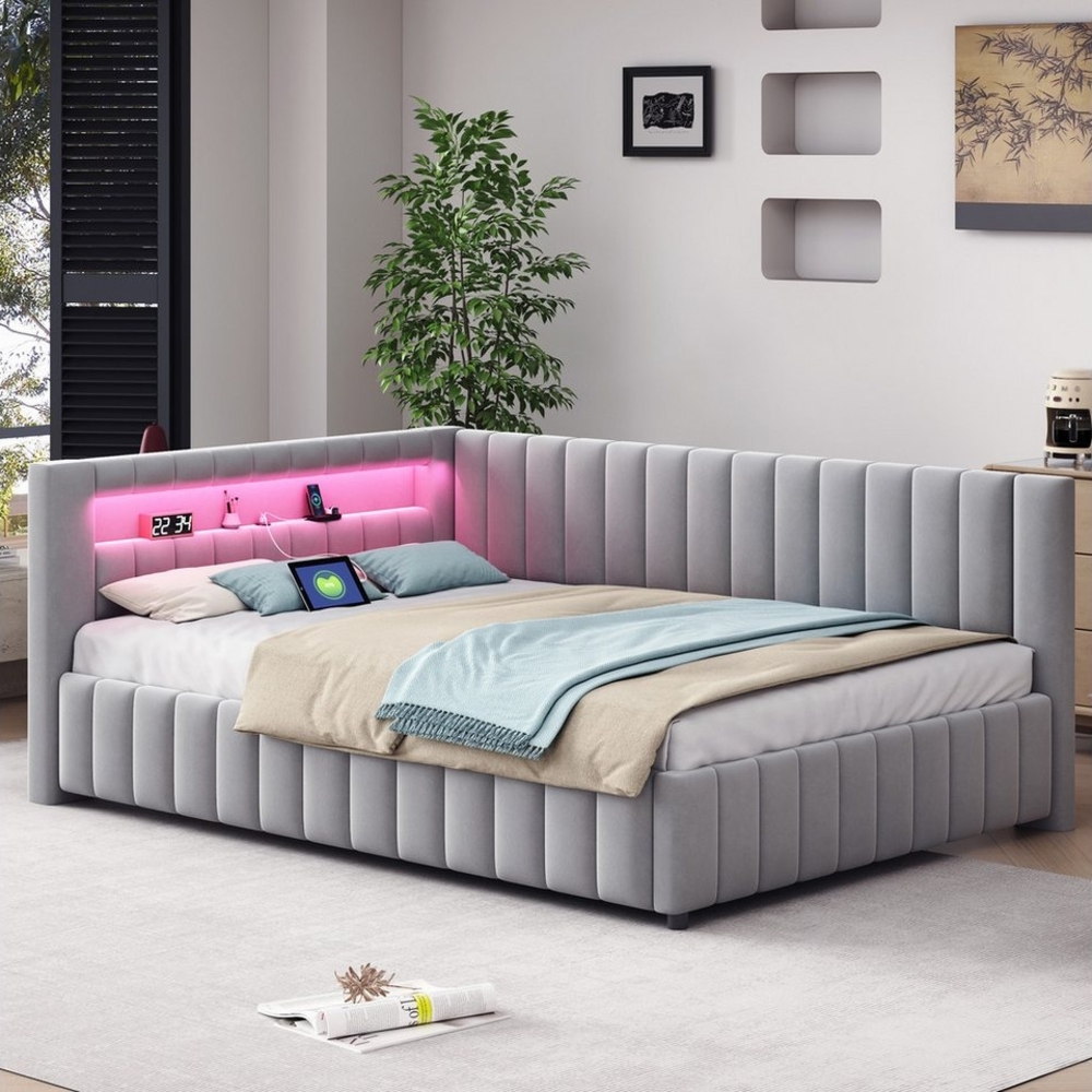 REDOM Schlafsofa Polsterbett Doppelbett Daybett Tagesbett 140x200 cm, aus Samtstoff mit LED-Licht & USB-Ladeanschluss, L-förmig mit Rückenlehne & stabilem Lattenrahmen für Wohnzimmer, Gästezimmer und Schlafzimmer (Die Rückenlehne ist fest und kann nich... Bild 1