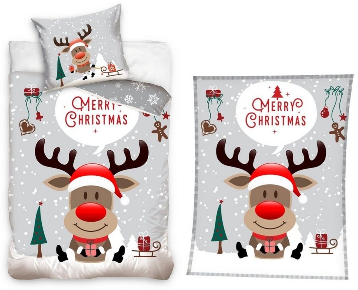 MTOnlinehandel Bettwäsche Weihnachten "Rentier mit roter Nase" Merry Christmas Winter Bettwäsche, Renforcé, 3 teilig, 135x200 + 80x80 cm 3 tlg, inklusive Wohndecke Kuscheldecke 150x200 cm Bild 1