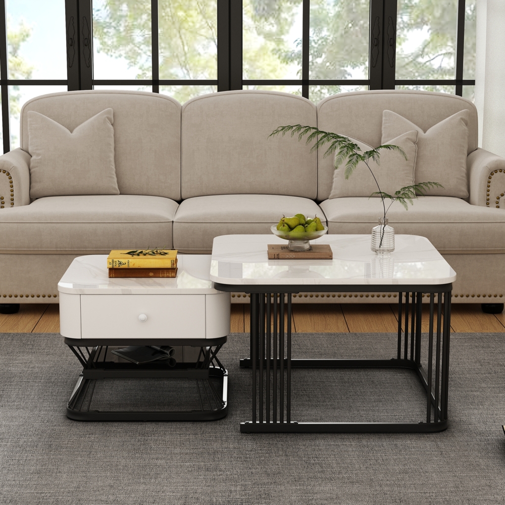 2-teiliges Couchtisch-Set aus MDF mit Marmoroptik & 1 Schublade, 70 x 70 x 45 cm + 50 x 50 x 40 cm, Weiß/Schwarz Bild 1