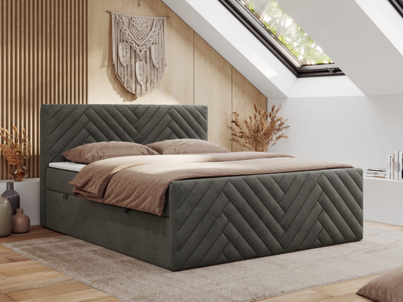 Boxspringbett mit zwei Bettkästen, 7 Härtezonen Multipocket-Matratzen, dekoratives Kopfteil und Front, Doppelbett - PARIS DUO - 180 x 200 cm - Dunkelgrau Velours - H4 Bild 1